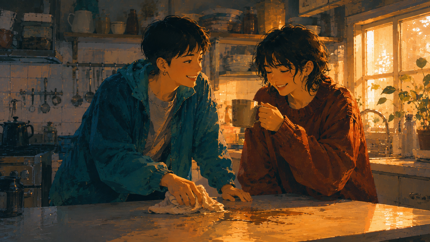 The same fictional friends laughing over spilled coffee